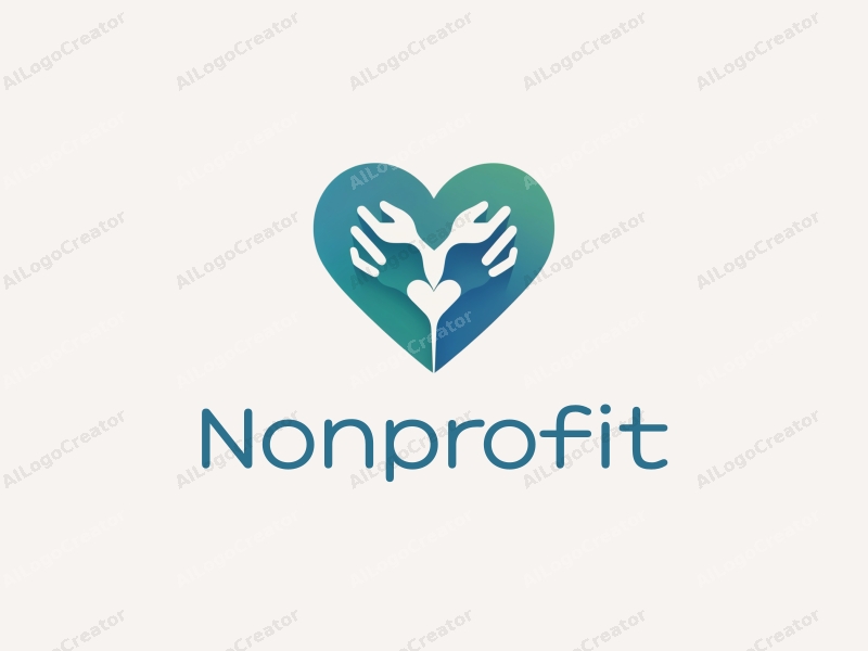 modern design features a heart shape integrated with a hand palm, symbolizing charity and volunteer work, using blue and green colors combined with a clean background.