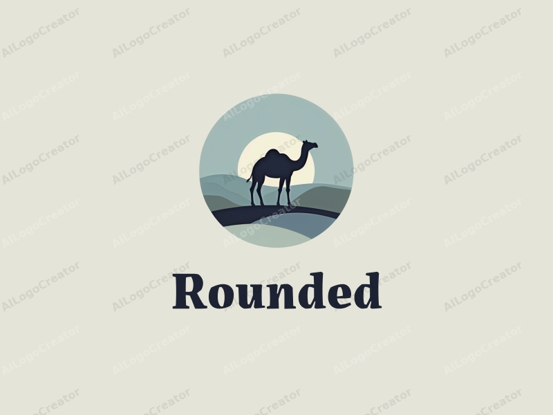 geometric design features circular shapes and curves, a stylized camel silhouette set against abstract sand dunes, combined with a clean background in blue and green tones.