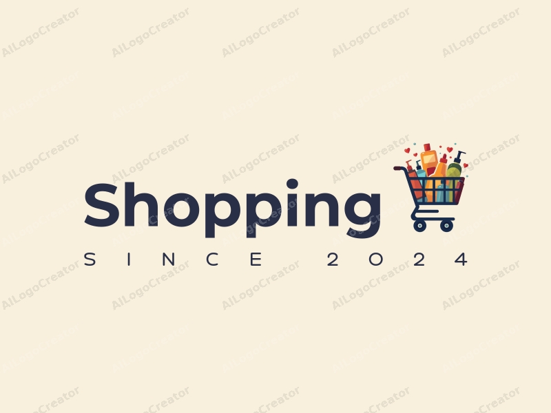 a modern design featuring a colorful shopping cart filled with various products, set against a stylized mall background, emphasizing simplicity and harmony in composition.