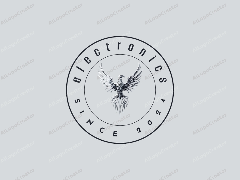 a modern design featuring a stylized phoenix intertwined with electronic devices and circuits, using a silver color palette, combined with a clean and minimalistic background.