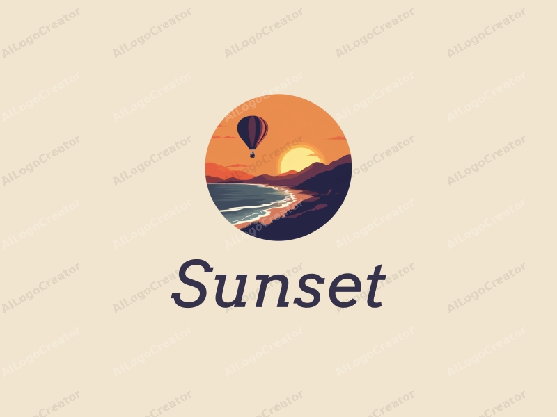 vintage design features a serene sunset over a coastline, with a hot air balloon floating in the sky, combining warm orange and purple hues against a clean background.