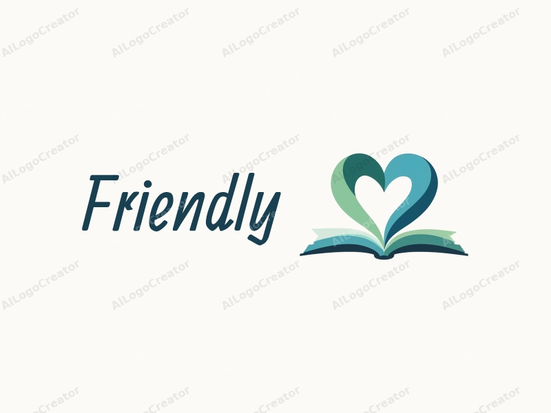 playful design features a heart shape intertwined with an open book, using blue and green colors, creating a friendly and inviting atmosphere with a clean background.