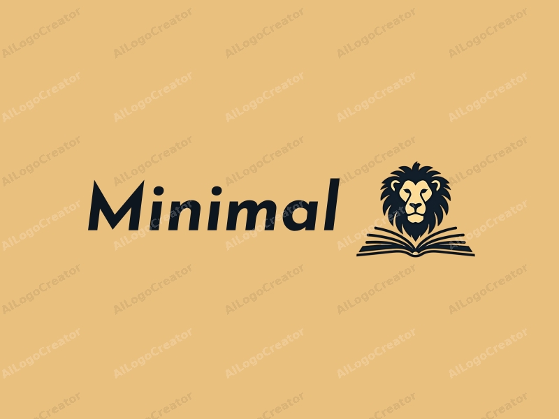 minimalist design features a stylized lion intertwined with an open book, using a modern and elegant design approach combined with a clean background.