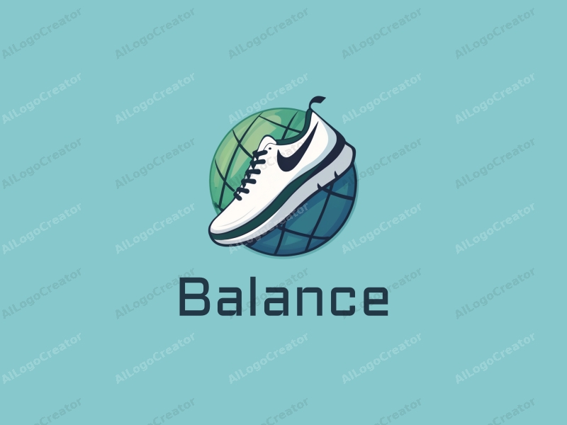 modern design features a stylized sneaker intertwined with a globe, emphasizing balance and harmony, combined with a clean background in blue and green tones.