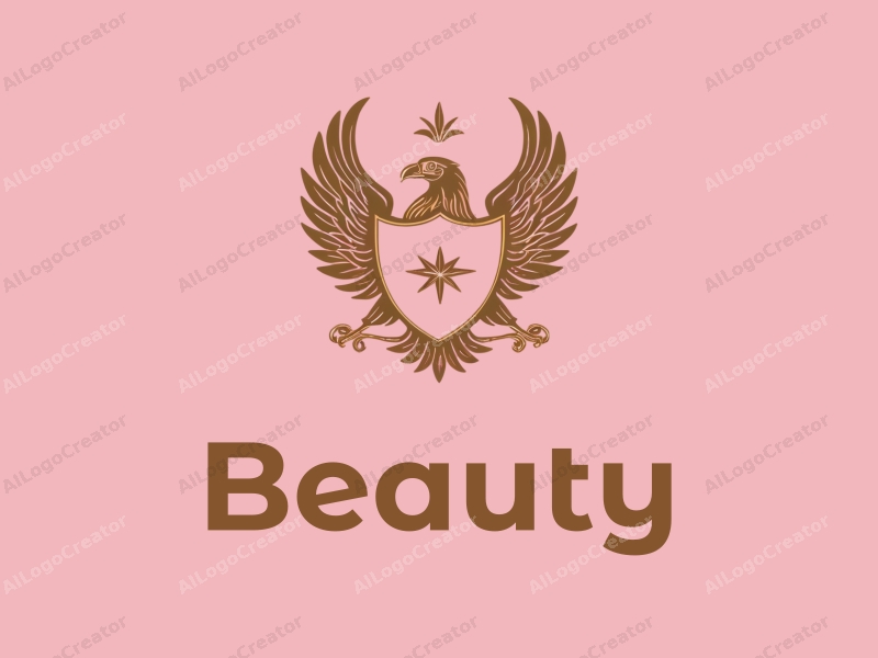 elegant design features a stylized eagle and shield, embodying beauty and grace, combined with a modern approach and a clean pink and gold background.