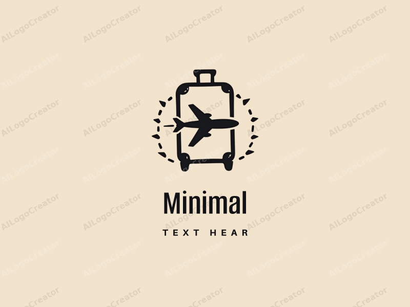 minimalist design features a stylized luggage and airplane silhouette, combined with a tag design approach and a clean background.