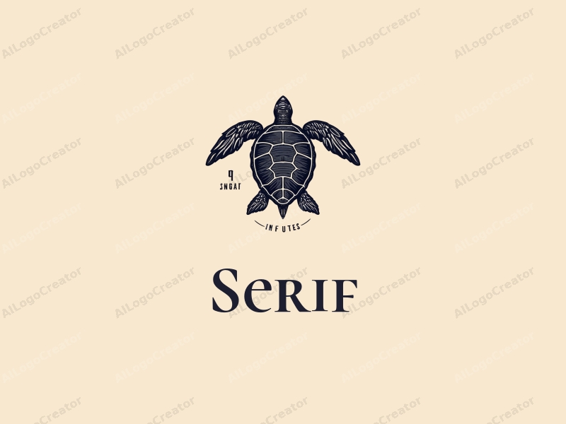 vintage design features a stylized sea turtle intertwined with elegant serif fonts and ink elements, combined with a clean background.