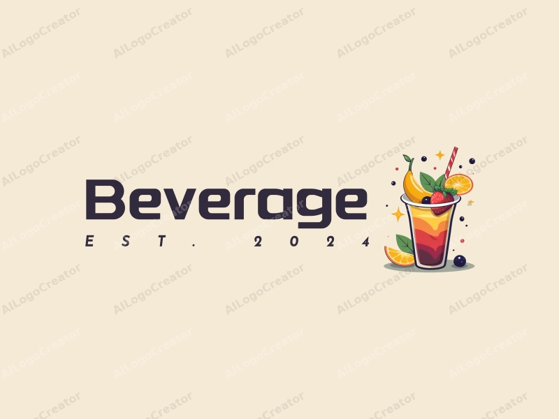 a modern design featuring a vibrant cup filled with colorful beverages and fresh fruits, using a clean and simple composition with harmonious elements.