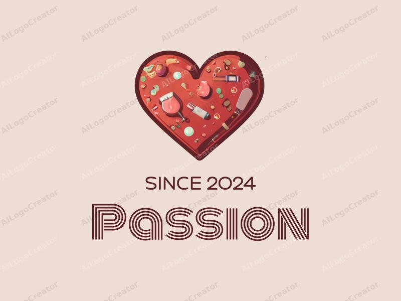 playful design features a heart shape symbolizing passion, combined with elements representing cosmetics, all in a vibrant red color scheme, set against a clean and simple background.