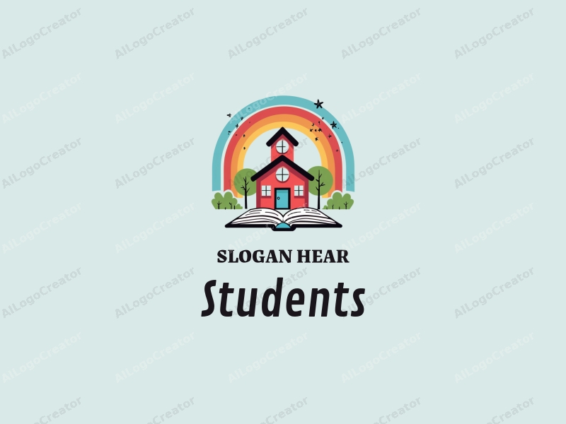 playful design features a cheerful student character, a stylized school building, an open book, and a vibrant rainbow, combined with a clean background.