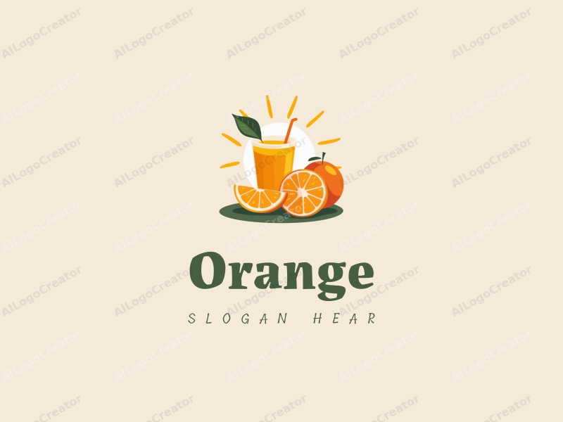 playful design features a vibrant orange, a stylized orange and juice cup, with rays of sunlight illuminating the scene, combined with a clean background.