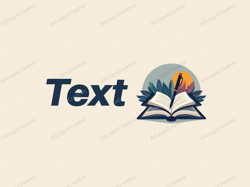 modern design features stylized text and font, an abstract representation of books and a pen, combined with a clean background.