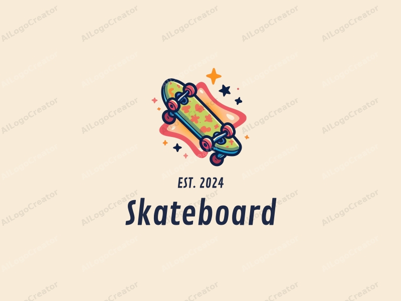 playful design features a vibrant skateboard silhouette with dynamic star elements, combined with a clean background for a fun and energetic feel.