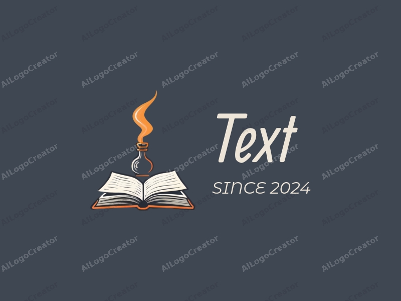 modern design features stylized text and font, an open book, and an ink bottle, combined with a clean background.