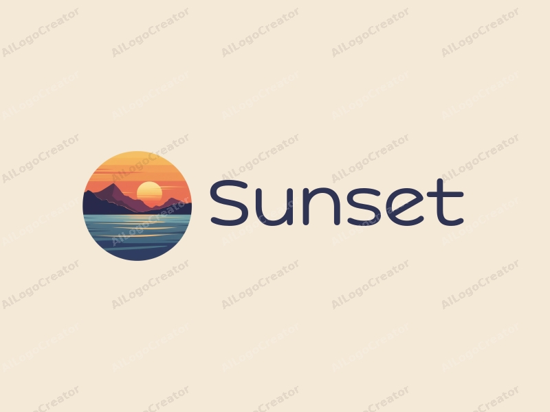 vintage design features a stylized sunset over the ocean with mountains in the background, incorporating warm orange and purple hues, combined with a clean and harmonious layout.