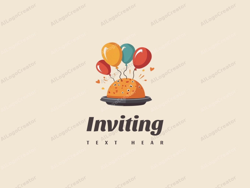 playful design features a stylized food platter and colorful balloons, combined with inviting elements and warm tones against a clean background.