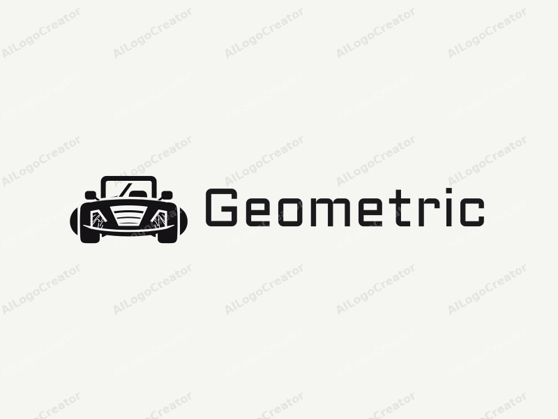 geometric design features a combination of square and circular shapes, stylized car and tire elements, with a clean black and white color scheme.