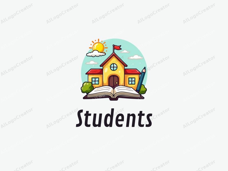 playful design features cheerful students, a stylized school building, open books, and pencils arranged harmoniously with a vibrant background.