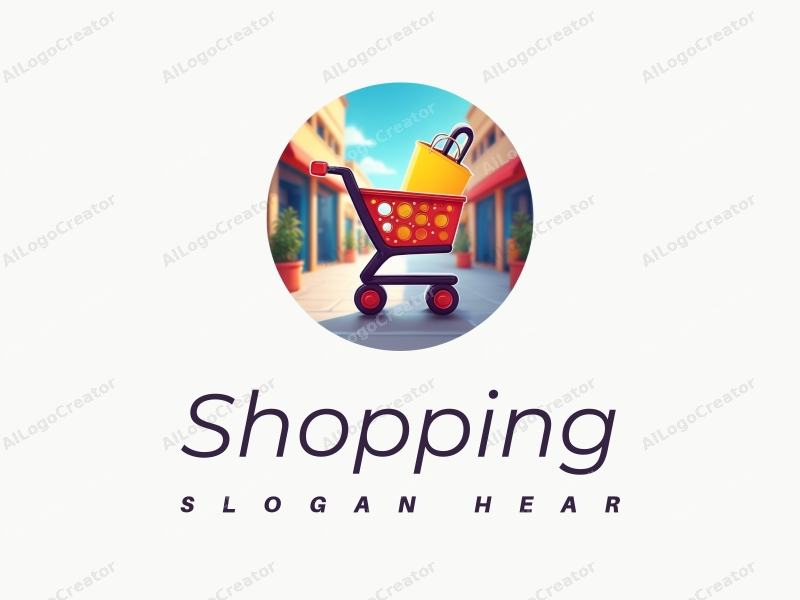 a modern design featuring a colorful shopping cart and shopping bag, combined with a vibrant mall background, emphasizing a clean and harmonious composition.