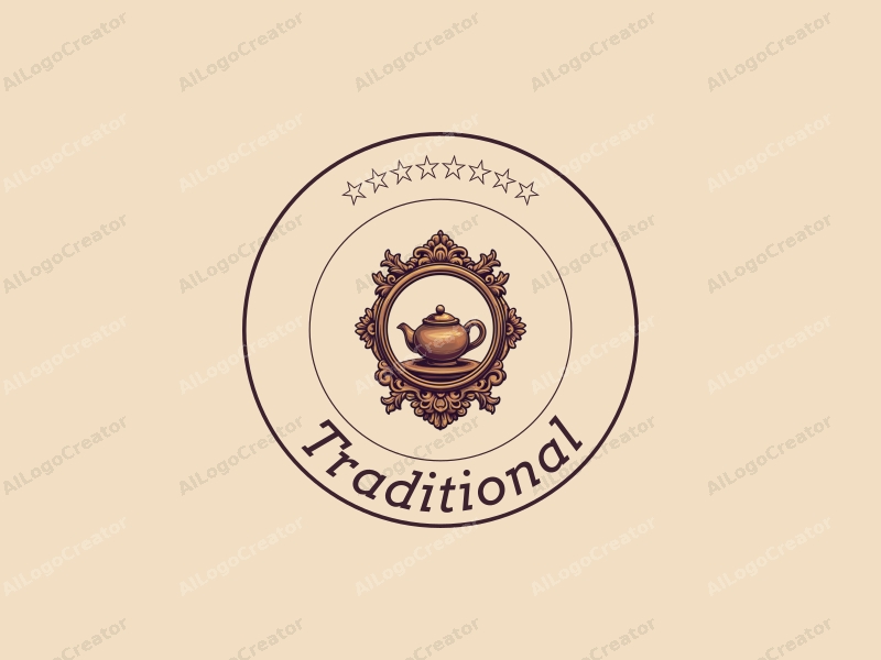 vintage design features traditional wood carving elements, a stylized teapot, and a classic aesthetic combined with a clean background.