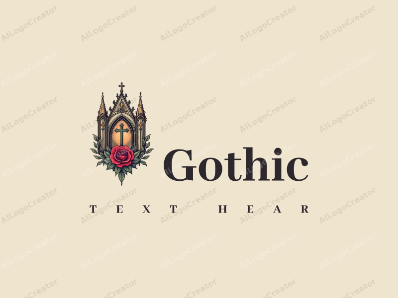 Gothic design features intricate Gothic architecture, stylized Gothic fashion elements, a cross, and a rose flower, combined with a clean background.