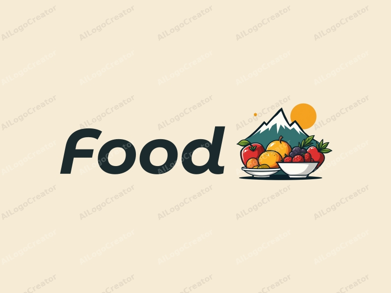 a modern design featuring vibrant food elements like fruits and dishes, combined with a stylized snow mountain backdrop, creating a harmonious and clean composition.