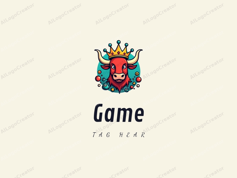 playful design features a colorful crown and a stylized bull, combined with game and toy elements, set against a clean background.