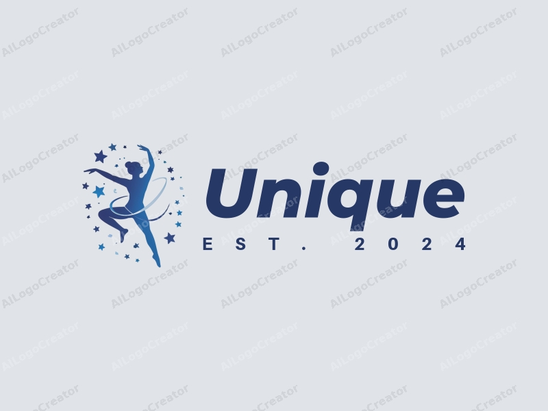 a modern minimalist design featuring a stylized dancer silhouette intertwined with star shapes, using a blue and white color palette, combined with a clean background.