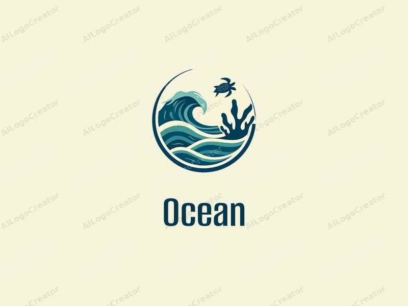 a modern design featuring stylized ocean waves, a sea turtle, and coral elements, combined with a clean background and a harmonious composition.