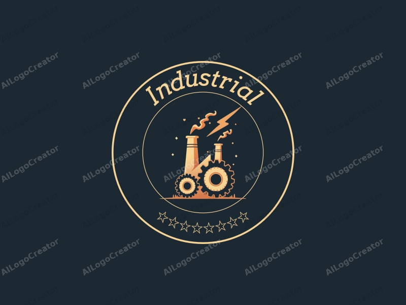 modern design features a stylized factory silhouette, interlocking gears, and a lightning bolt, combined with a clean background.