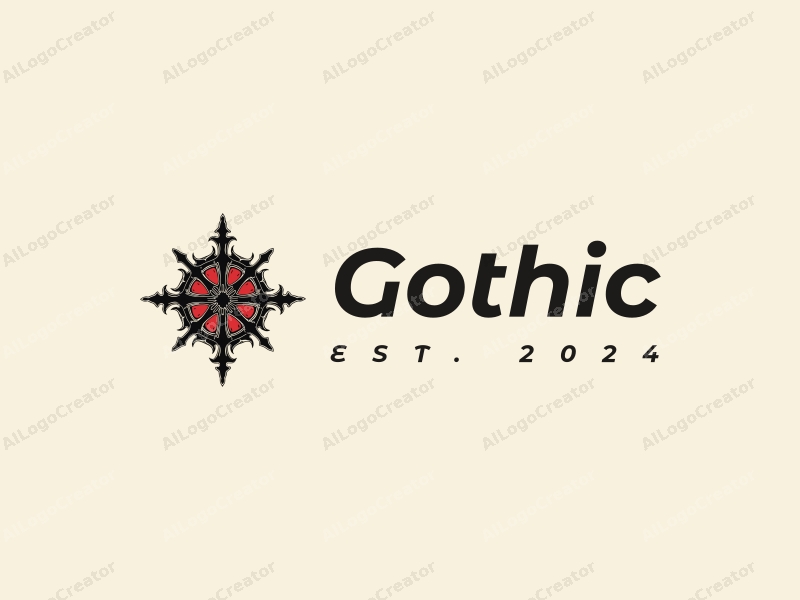 Gothic design features intricate pointed arches, stylized crosses, and Gothic fashion elements combined with a clean background in black and deep red colors.