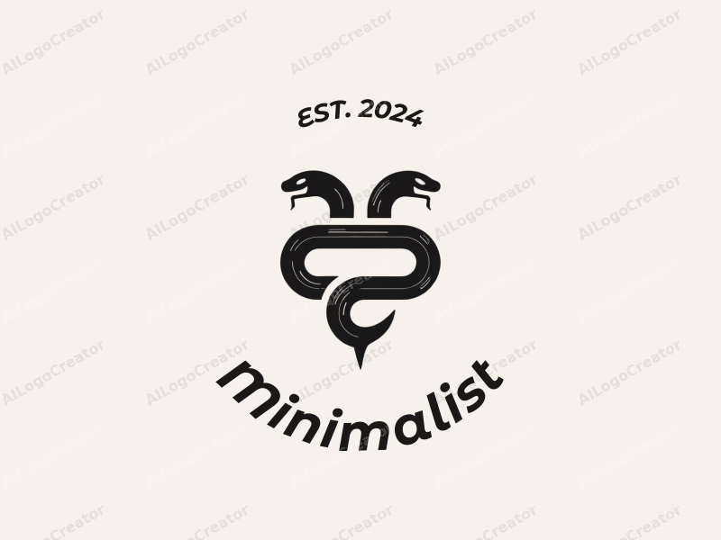 minimalist design features a double-headed snake intertwined with clean lines, using a tag style approach combined with a simple black and white background.