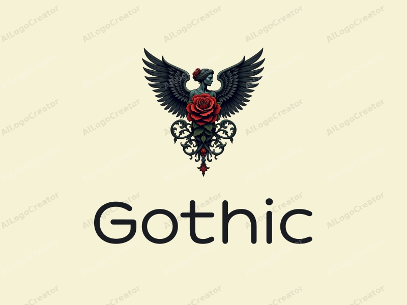 Gothic design features intricate Gothic architecture, elegant Gothic fashion elements, a black rose intertwined with a stone angel, combined with a clean background.