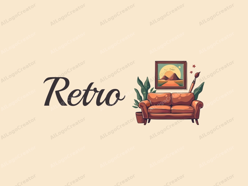 vintage design features a retro sofa and a retro poster, combined with a paintbrush and artwork elements, set against a clean background.