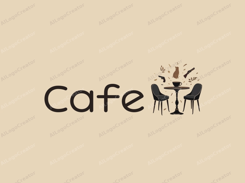 vintage design features a stylized coffee cup, elegant tables and chairs, a playful cat, and a subtle handgun, combined with a clean background.