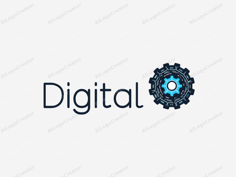 a modern minimalist design featuring digital elements like circuit patterns and gears, combined with a clean background in blue and black colors.