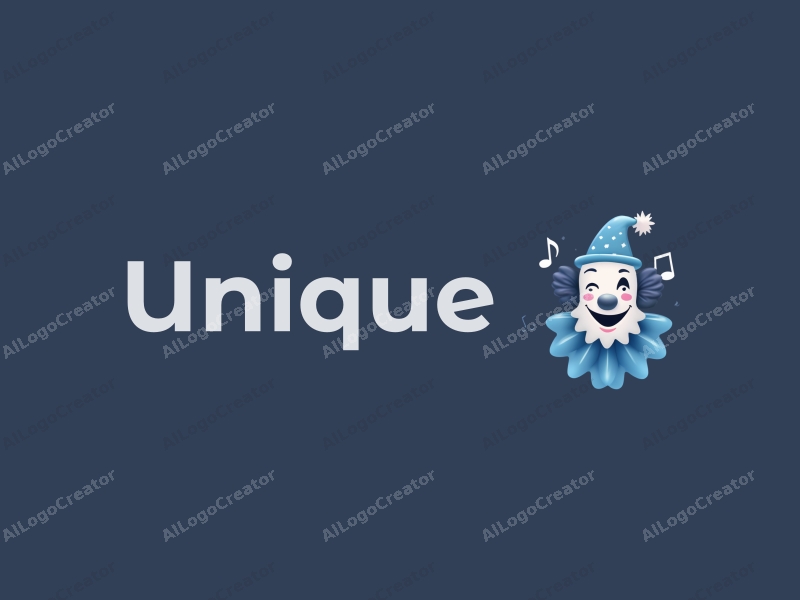 modern minimalist design features a stylized clown silhouette intertwined with musical notes, using a blue and gray color palette combined with a clean background.