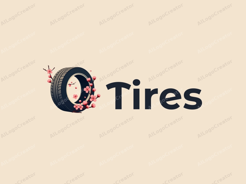 a modern design featuring a stylized tire intertwined with cherry blossoms, utilizing a clean and simple composition with a harmonious blend of elements against a minimal background.