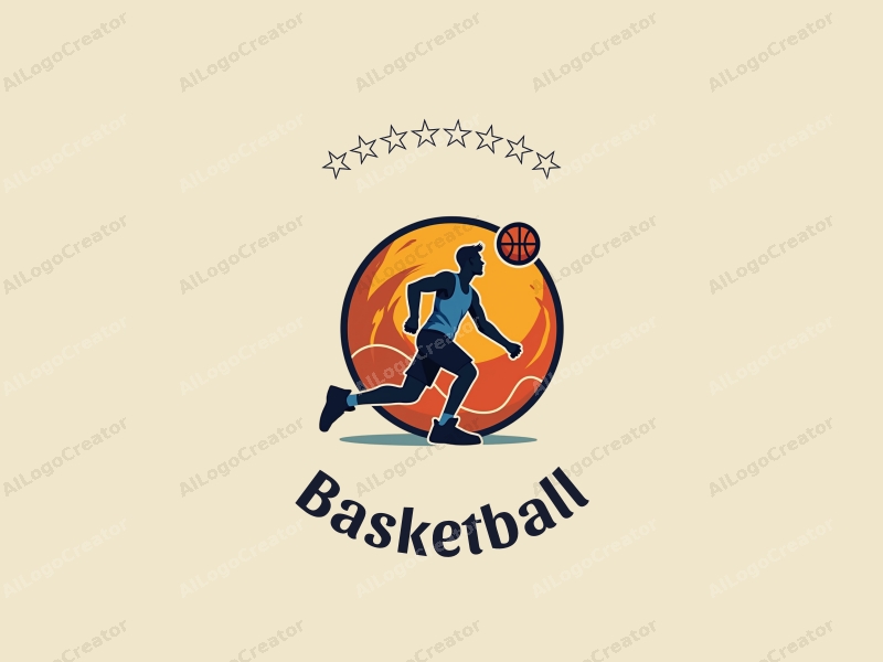 playful design features a stylized basketball, an athlete in motion, and a basketball court background combined with a clean and simple layout.