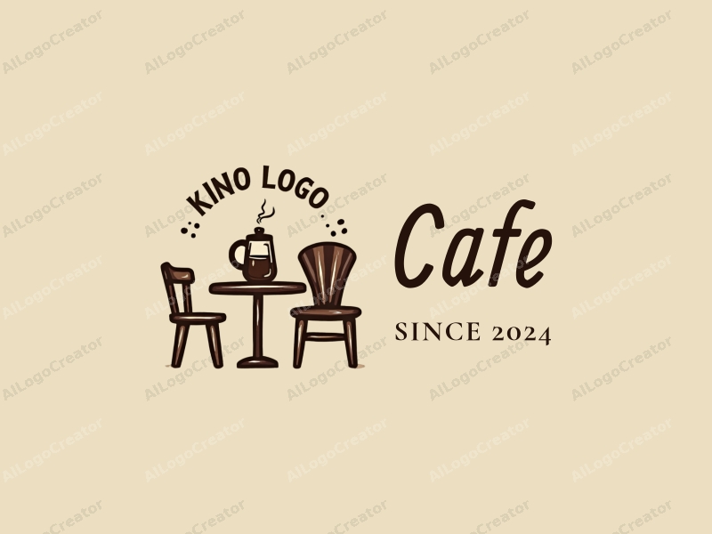 vintage design features a stylized coffee pot, a retro chair, and a table, combined with a clean background.