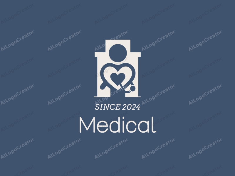 modern design features a stylized hospital silhouette, a doctor figure, a stethoscope intertwined with a heart, combined with a clean background.