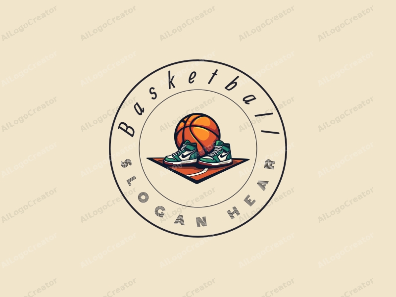 dynamic design features a stylized basketball, a pair of sneakers, and a basketball court with shoelaces intertwined, combined with a clean background.