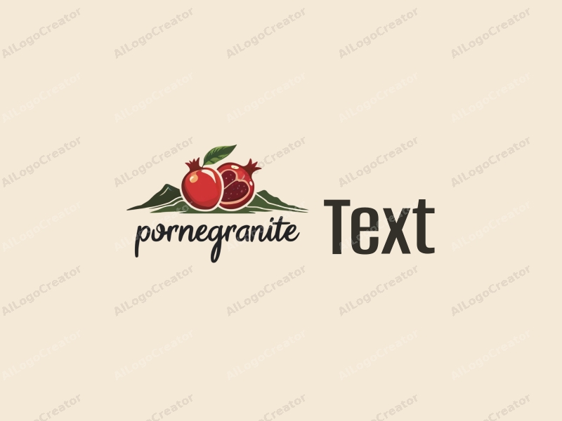 modern design features stylized text and font, a pomegranate symbol, and hills in the background, combined with a clean and simple layout.