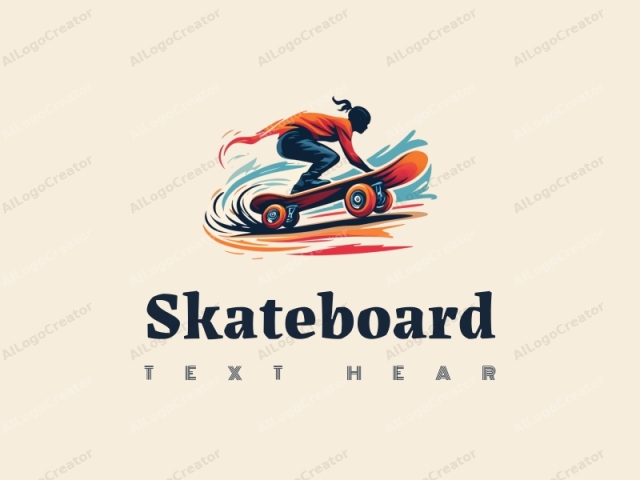 ein freundliches Design mit einem lebendigen Skateboard mit dynamischen Rädern in Bewegung, das die Essenz des Sprintens einfängt, kombiniert mit einem sauberen Hintergrund.