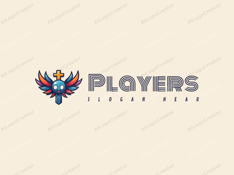 playful design features a vibrant game character with colorful wings and a cross, combined with a clean background.