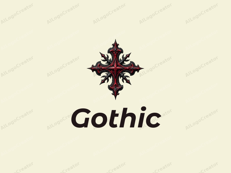 Gothic design features intricate pointed arches, stylized crosses, and Gothic fashion elements combined with a clean background in black and deep red colors.