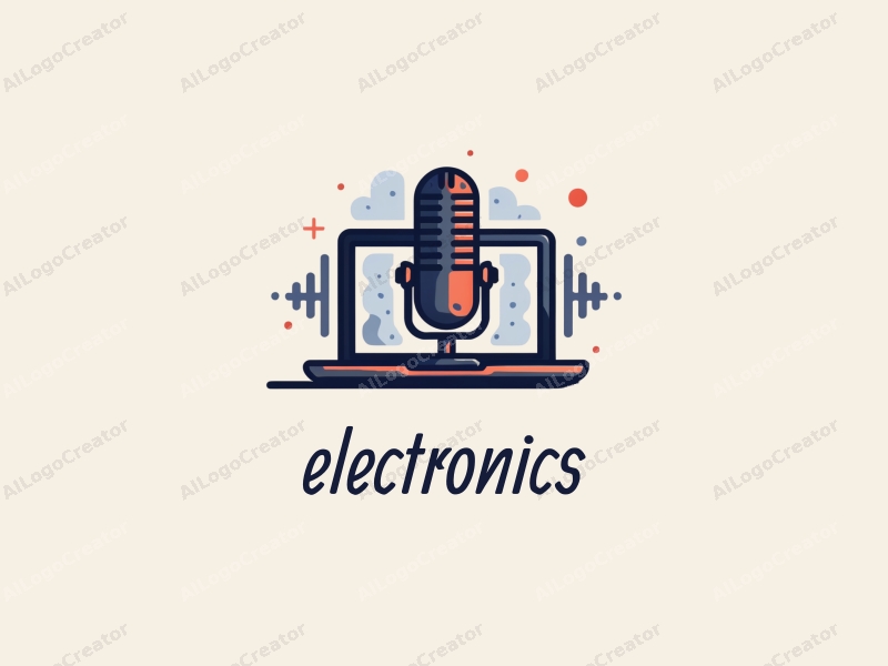 a modern design featuring sleek electronic devices and a stylized computer, integrated with a microphone and sound waves, combined with a clean background.