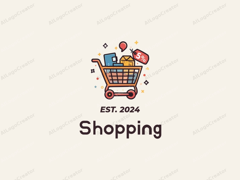 a modern design featuring a colorful shopping cart and a discount tag, combined with elements of a mall, creating a harmonious and clean composition.