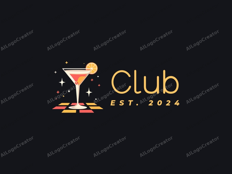 a modern design featuring a stylized cocktail glass and a dance floor, combined with social elements, set against a clean black background.