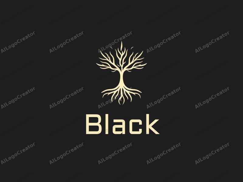 minimalist design features stylized roots intertwined with a sleek computer silhouette, set against a black night background, creating a harmonious and clean composition.